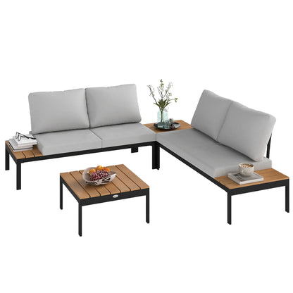 Matuki Wood Teak 4 Seater Garden Corner Sofa Set With 2 Coffee Tables