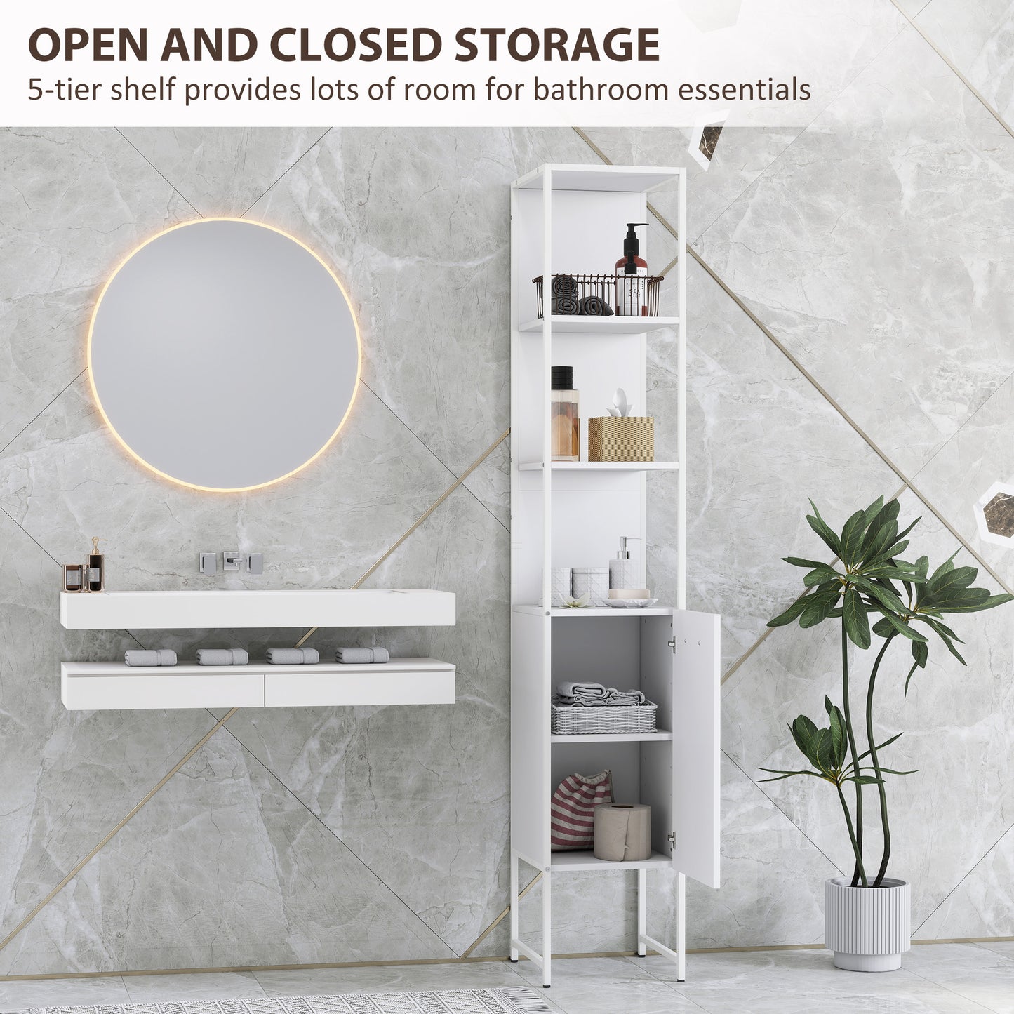 Neliha Tall Bathroom Storage Cabinet With OFauxn Shelves And Adjustable Interior White