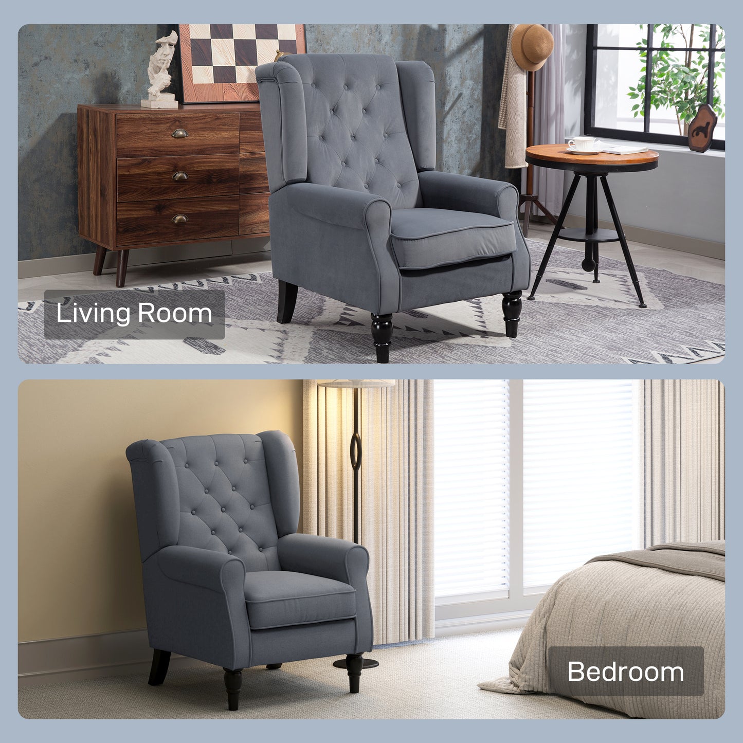 Vanola Fabric Grey Retro Wingback Accent Armchair With Diamond Button Tufted Upholstery