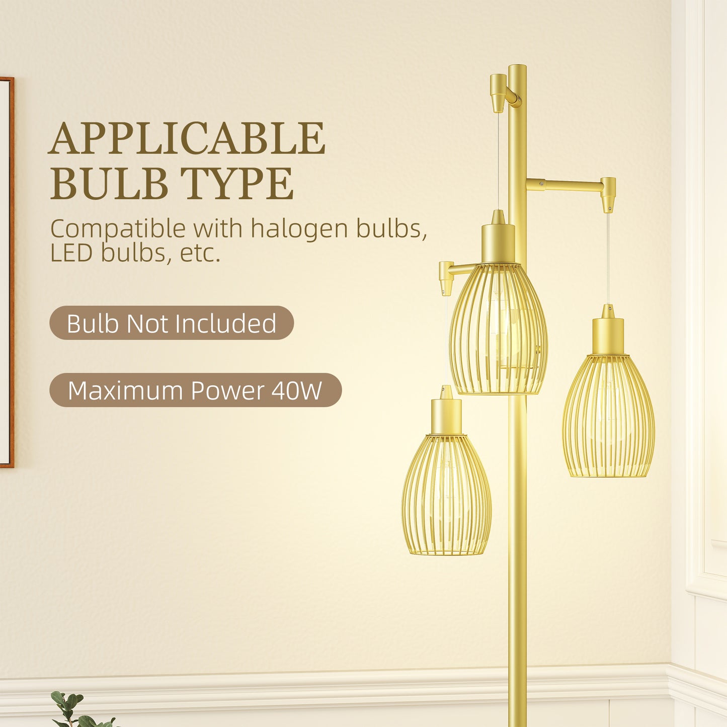 Rodi Metal Gold Tone Industrial 3 Light Floor Lamp With Wire Cage Shades