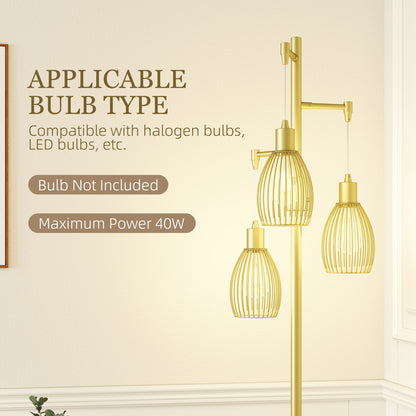 Rodi Metal Gold Tone Industrial 3 Light Floor Lamp With Wire Cage Shades