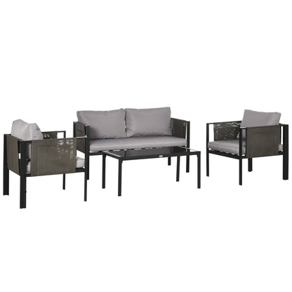 Vafa 4 Seater Brown Rattan Rope Garden Furniture Set woth Tempered Glass Coffee Table Sofa and 2 Armchairs