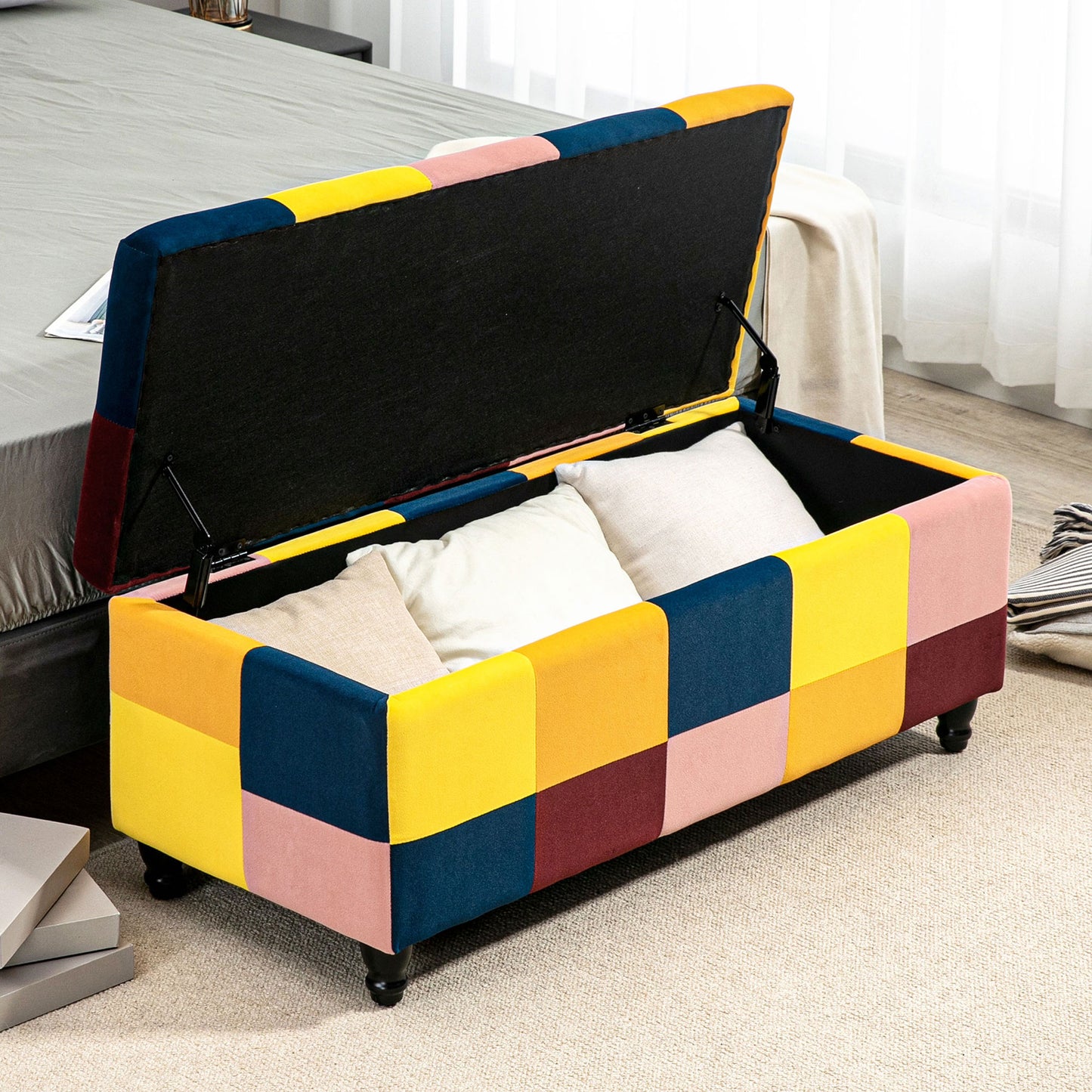 Tava Velvet Multicolour Storage Bench With Wooden Legs For Bedroom
