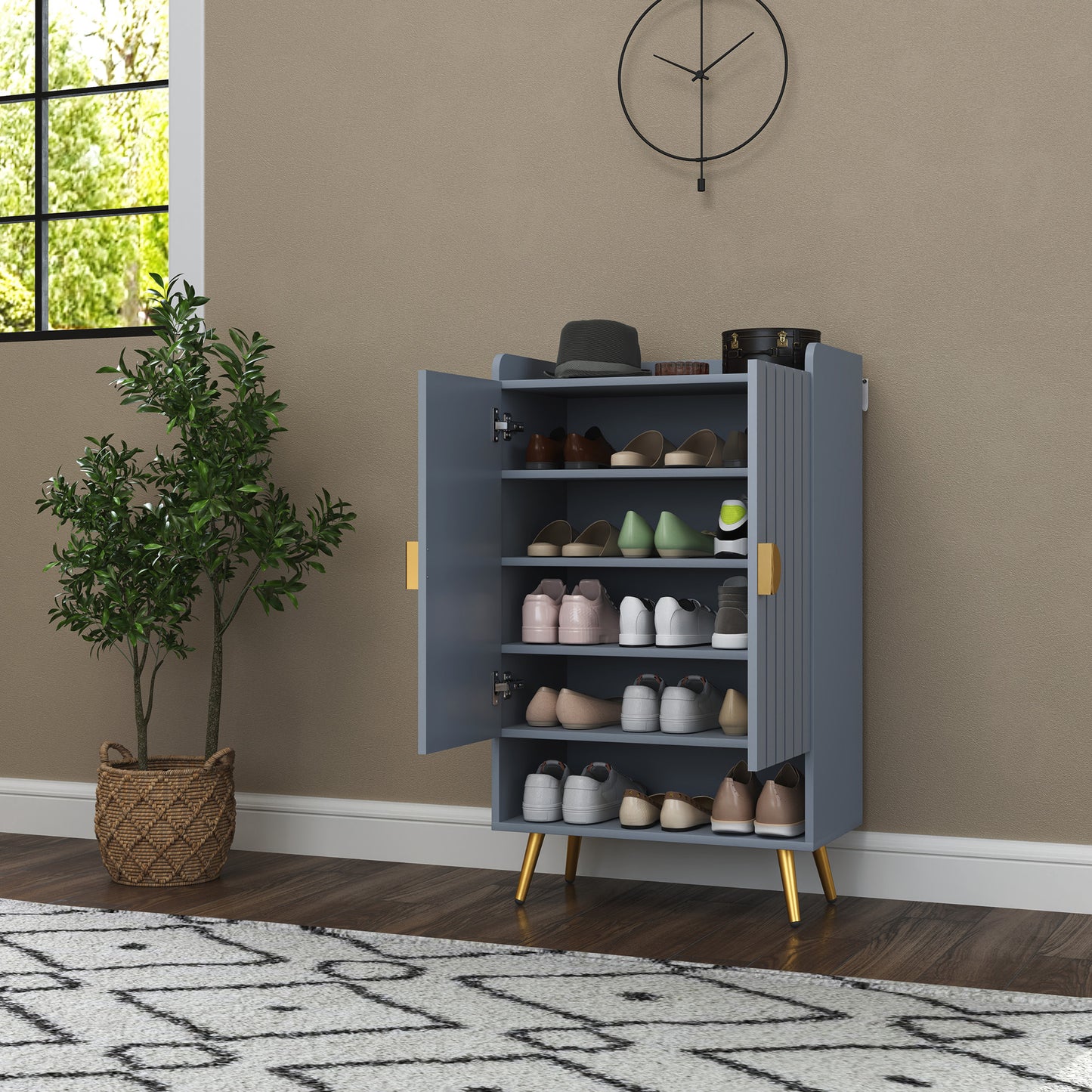 Rasufa Wooden Light Grey Shoe Cupboard With 2 Doors and Shelf