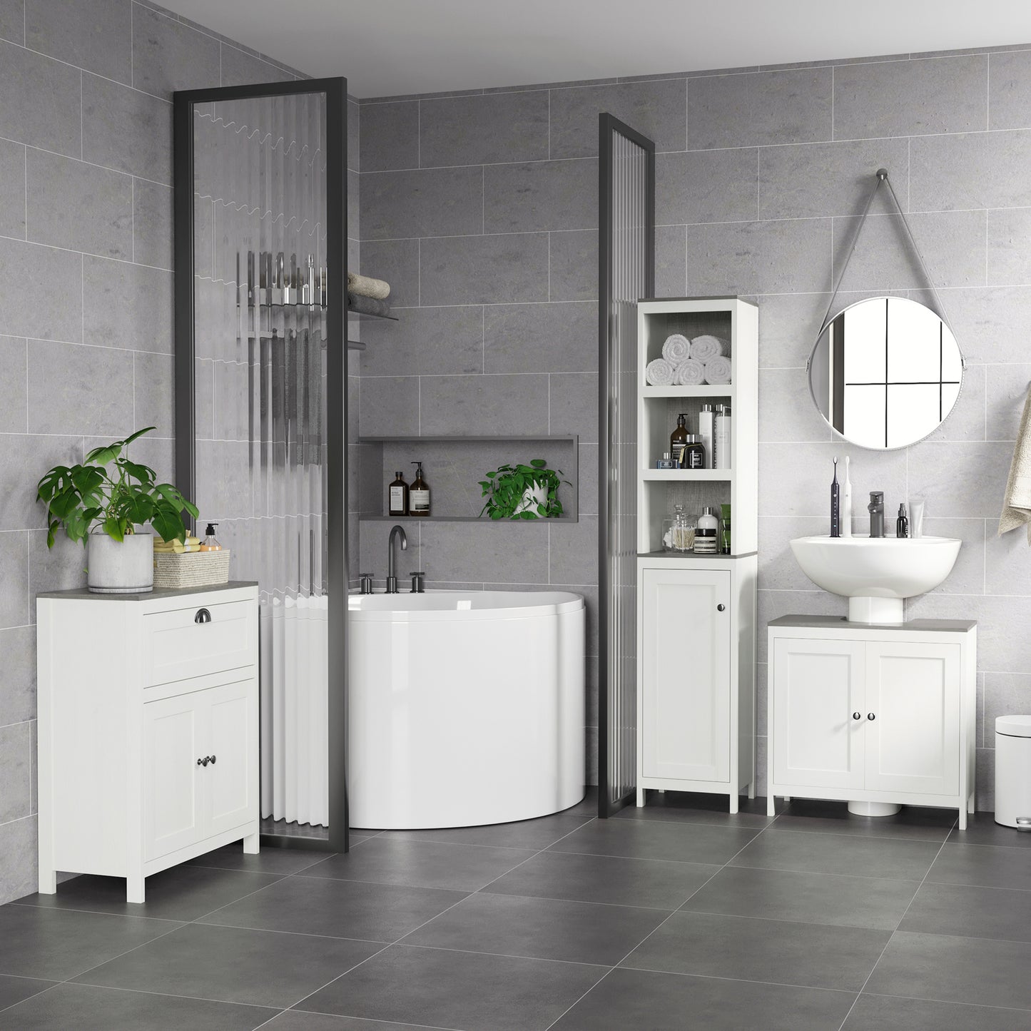 Hanaka Bathroom Furniture Set With 6 Tier Tall Cabinet Floor Storage And Under Sink Unit Antique White