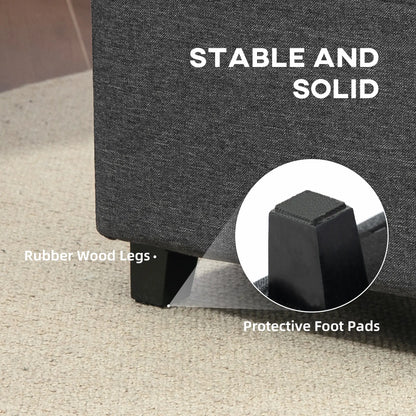 Linen Grey Compact Square Footstool With Side Pocket And Black Wooden Legs