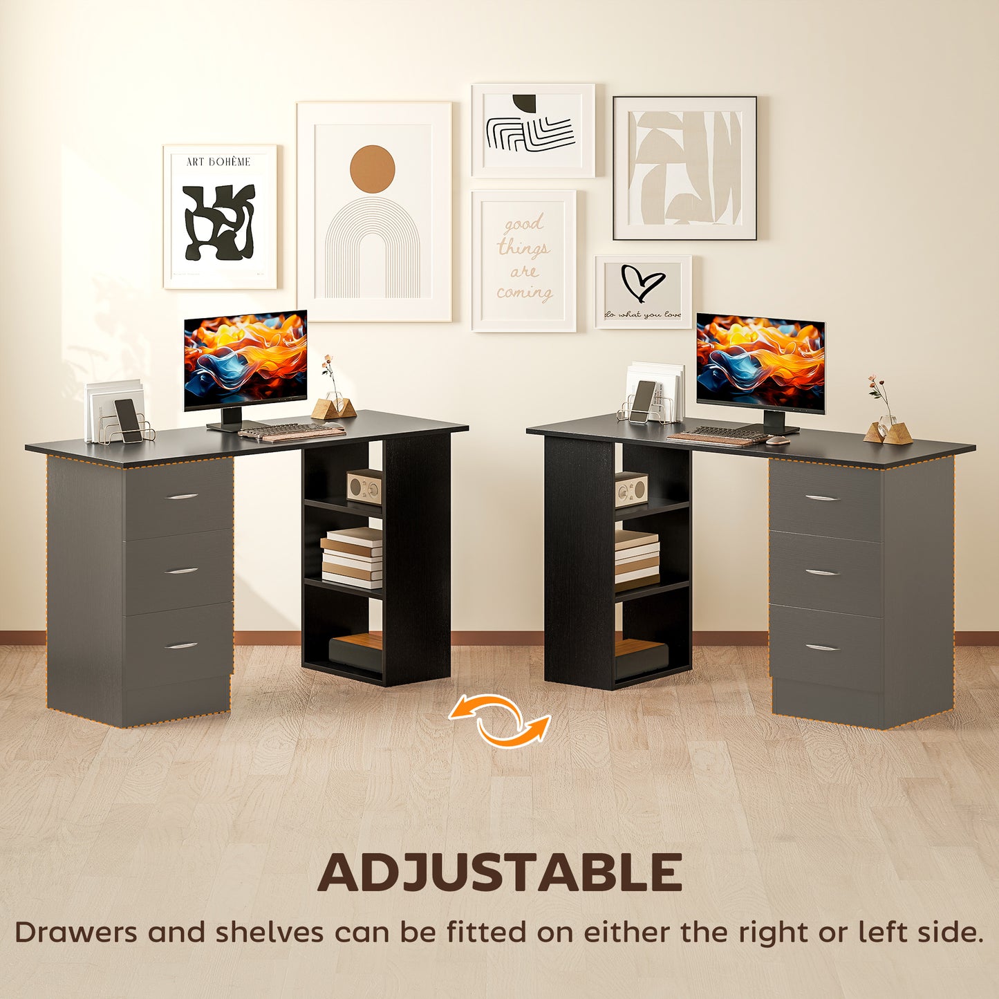 Tonosa 120cm Wooden Black Study Desk With 3 Shelves And 3 Drawers