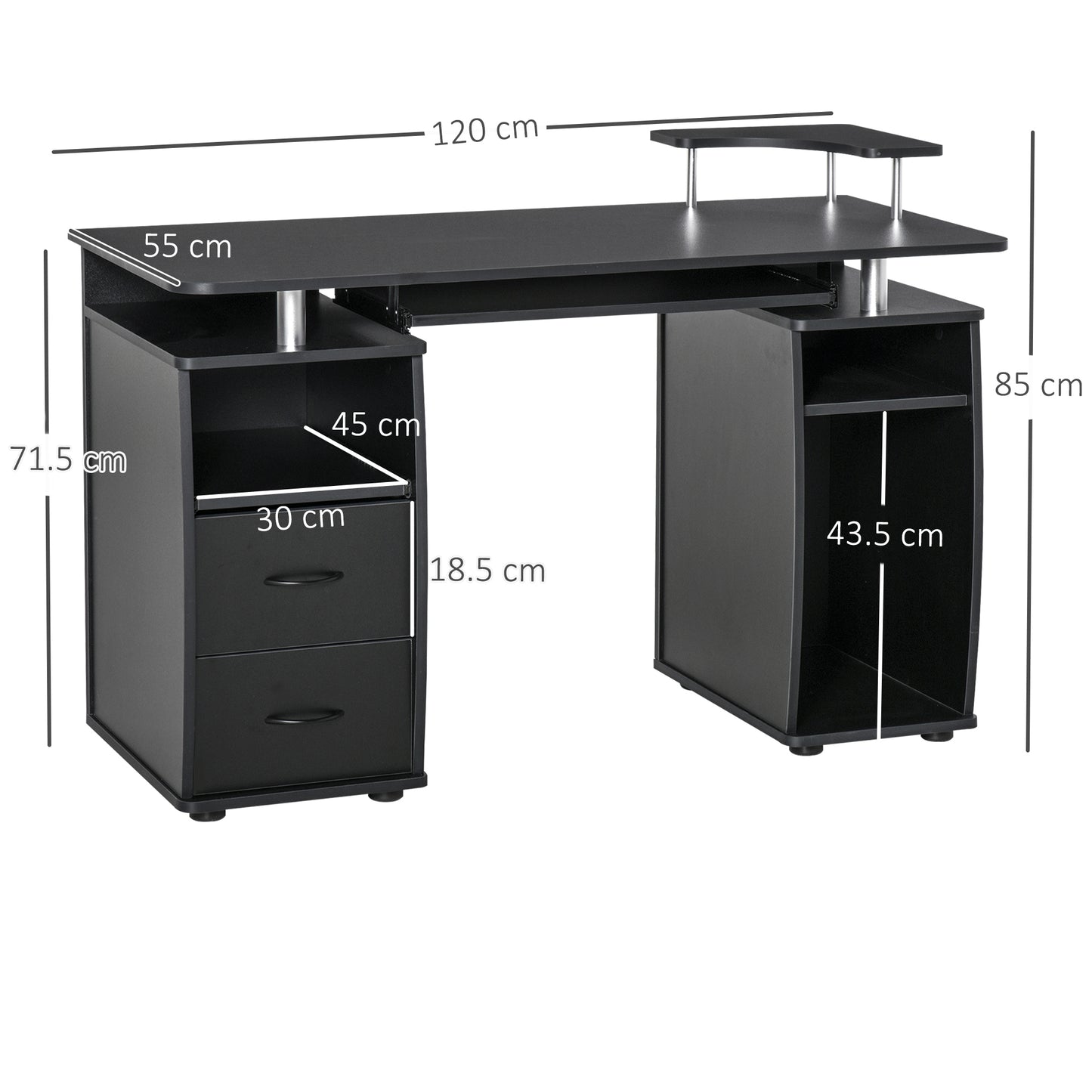 Domofi 120cm Wooden Black Computer Desk With Sliding Keyboard Tray Shelves And Drawers