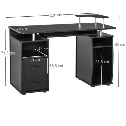 Domofi 120cm Wooden Black Computer Desk With Sliding Keyboard Tray Shelves And Drawers