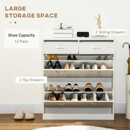 Fafina Wooden White Slim Shoe Cabinet With 2 Flip Drawers For 12 Pairs