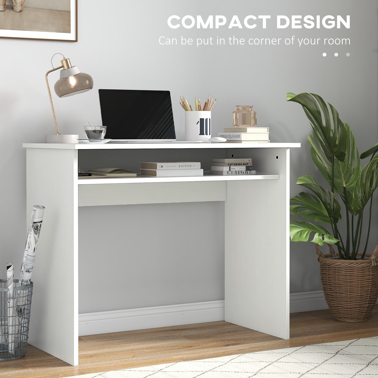 Doha 90cm Wooden White Wood Grain Compact Study Desk With Storage Shelf