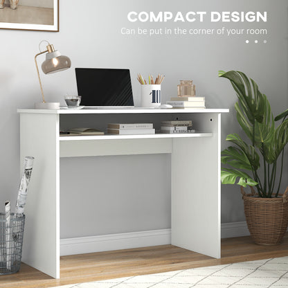 Doha 90cm Wooden White Wood Grain Compact Study Desk With Storage Shelf