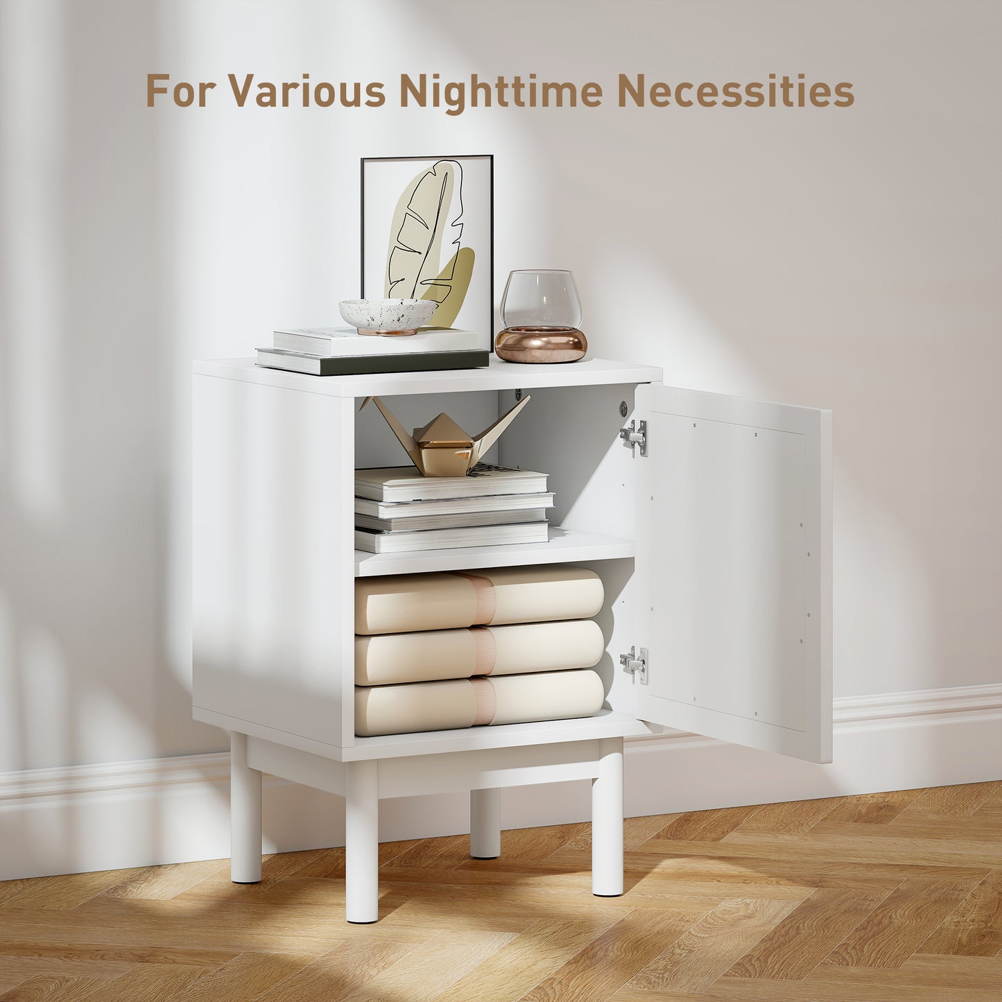 Luna White Wooden Rattan Bedside Table With Door
