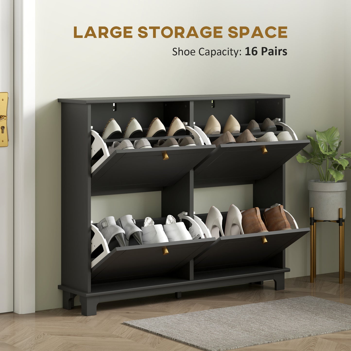 Serodo Wooden Black Slim Shoe Cupboard With 4 Flip Drawer For 16 Pairs