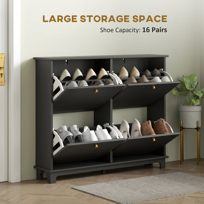 Serodo Wooden Black Slim Shoe Cupboard With 4 Flip Drawer For 16 Pairs