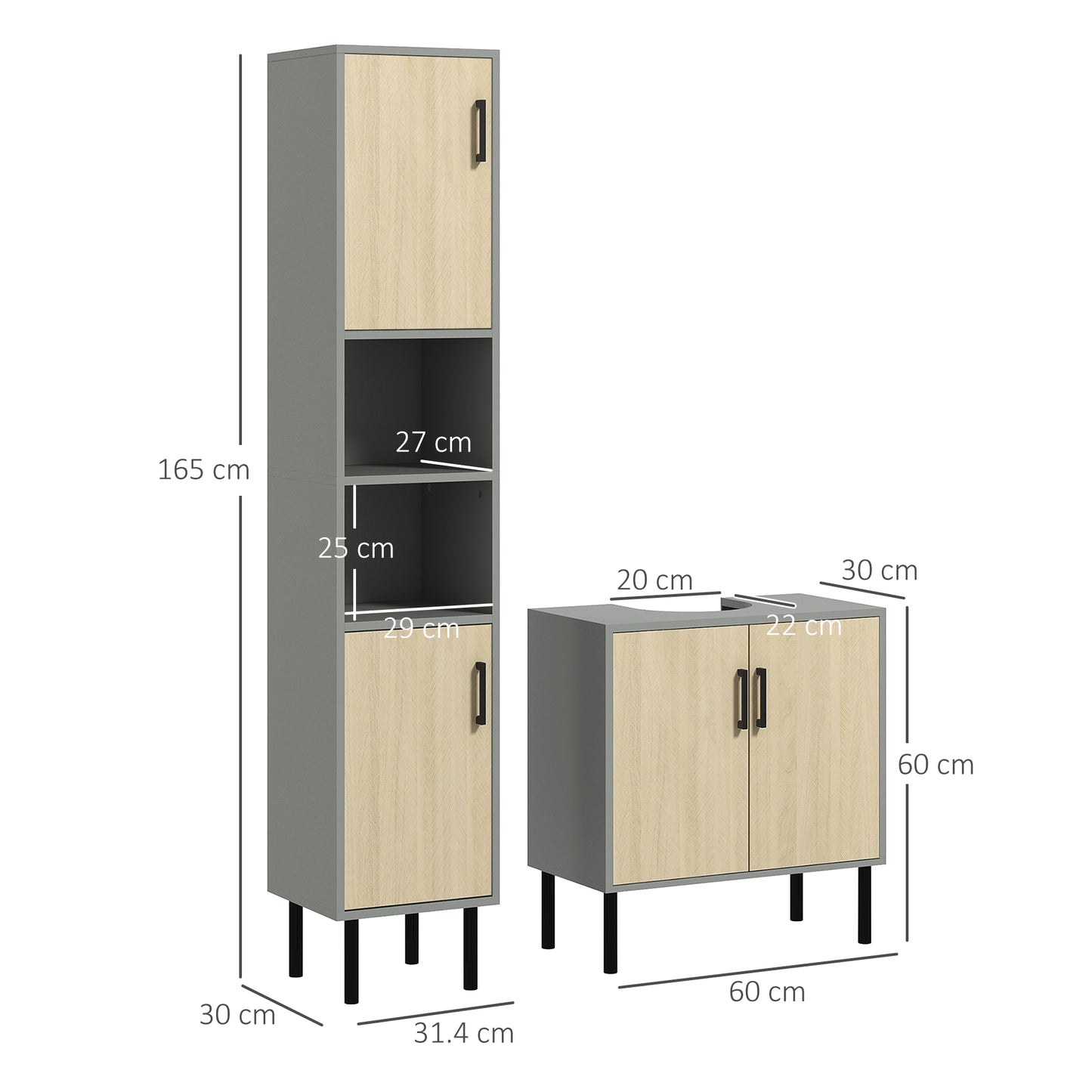 Tokafa Bathroom Furniture Set With Tall Cabinet And Under Sink Storage In Grey