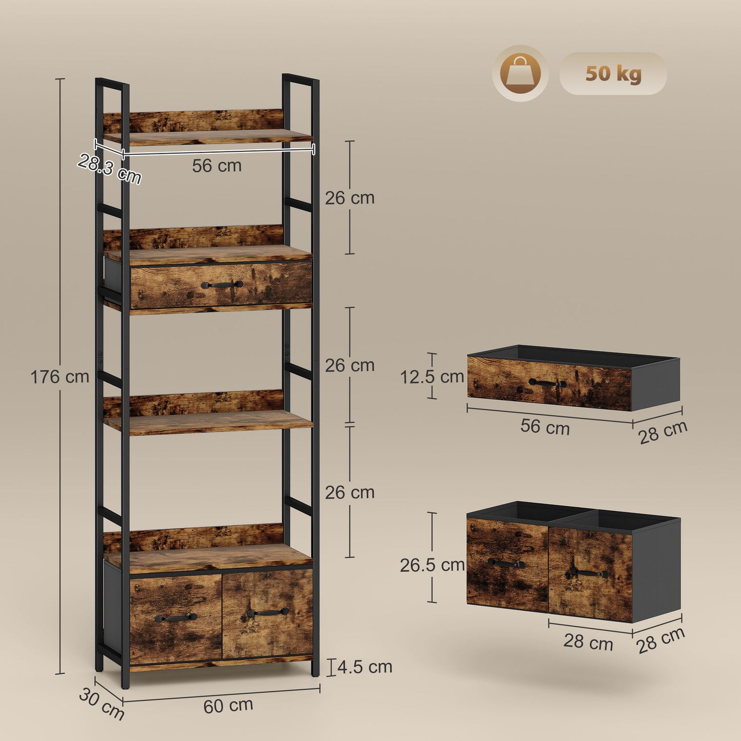 Cova Metal And Wood Brown And Black Industrial Bookcase With 4 Shelves And Fabric Drawers