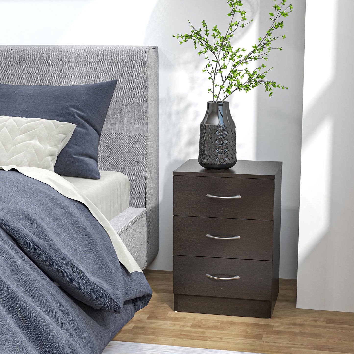 Salasa Set Of 2 White Bedside Tables With Drawer And OFauxn Shelf Featuring Metal Rail Detail