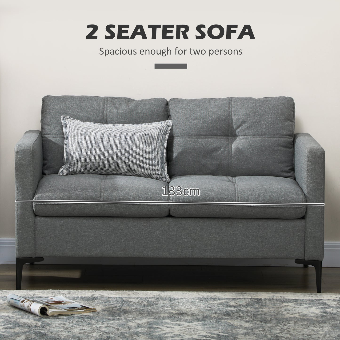 Malala Minimalist Grey Upholstered 2 Seater Sofa With Steel Legs