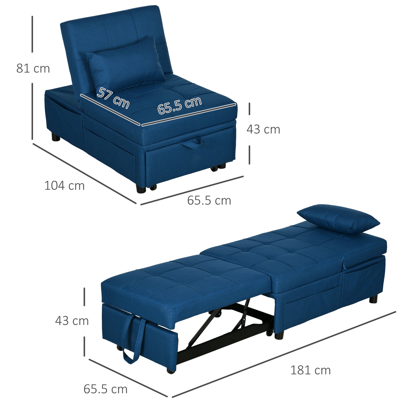 Leve Fabric Blue 4 In One Convertible Chair Bed With Adjustable Back Side Pocket Wheels And Pillow