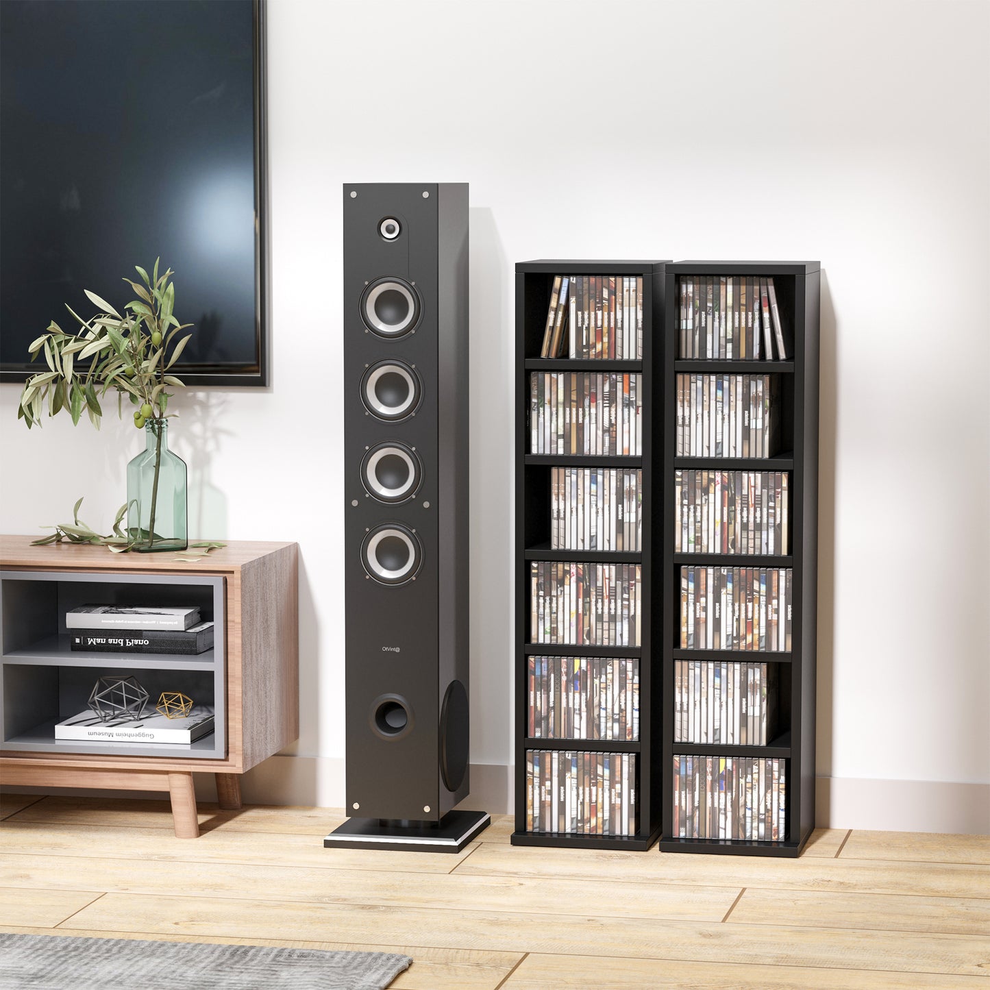 Dofafi Wood Black Set Of 2 CD And Blu Ray Media Storage Towers With Adjustable Shelves