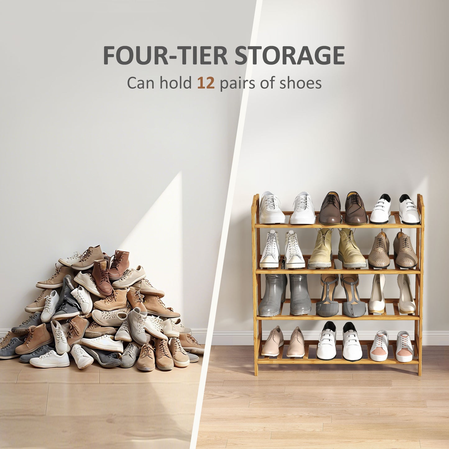 Dicove Bamboo Natural 4 Tier Freestanding Shoe Rack Slatted Shelves