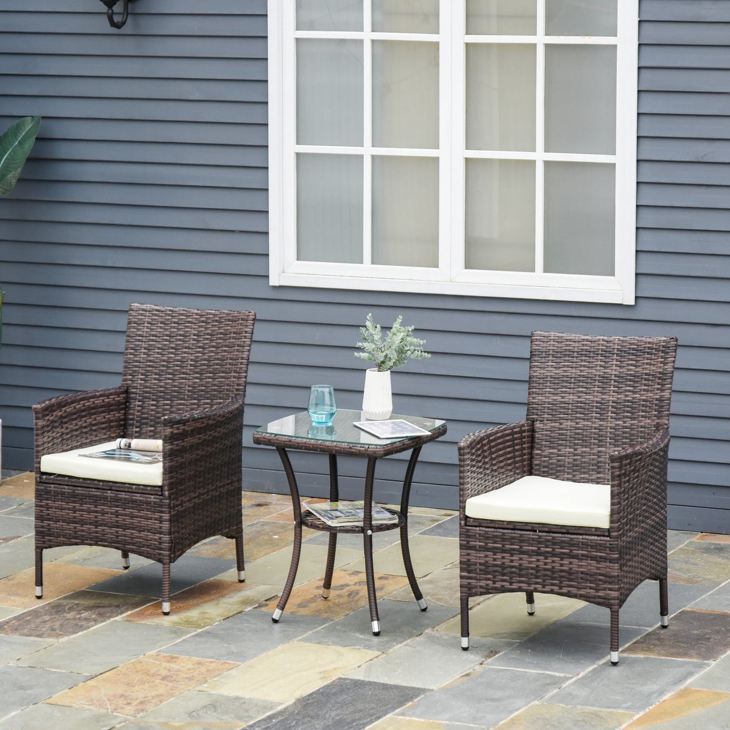 Kesase Set Of 2 Rattan Mixed Brown Garden Dining Chairs With Cushioned Seats