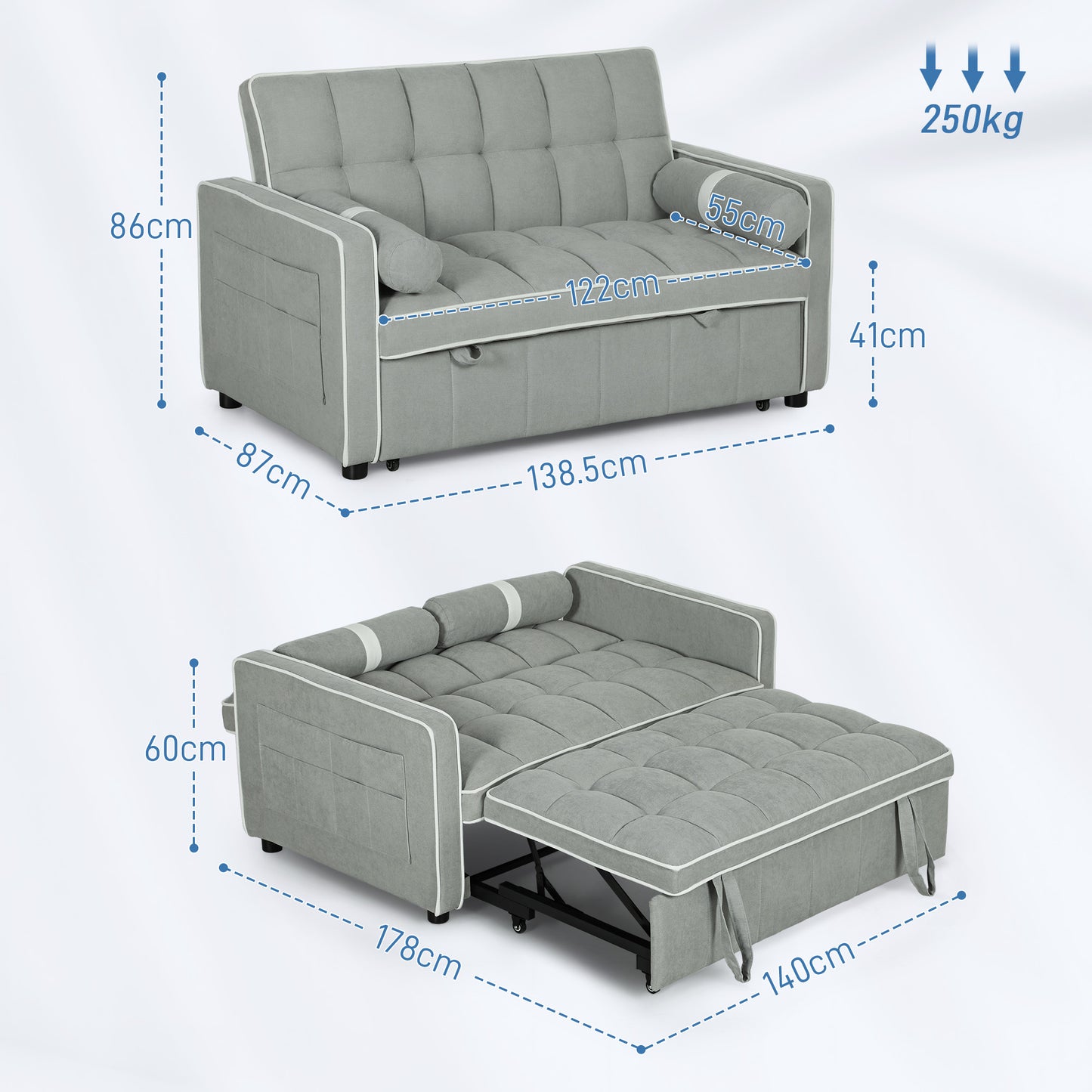 Tapa Linen Effect Light Grey Upholstered 2 Seater Sofa Bed White Trim