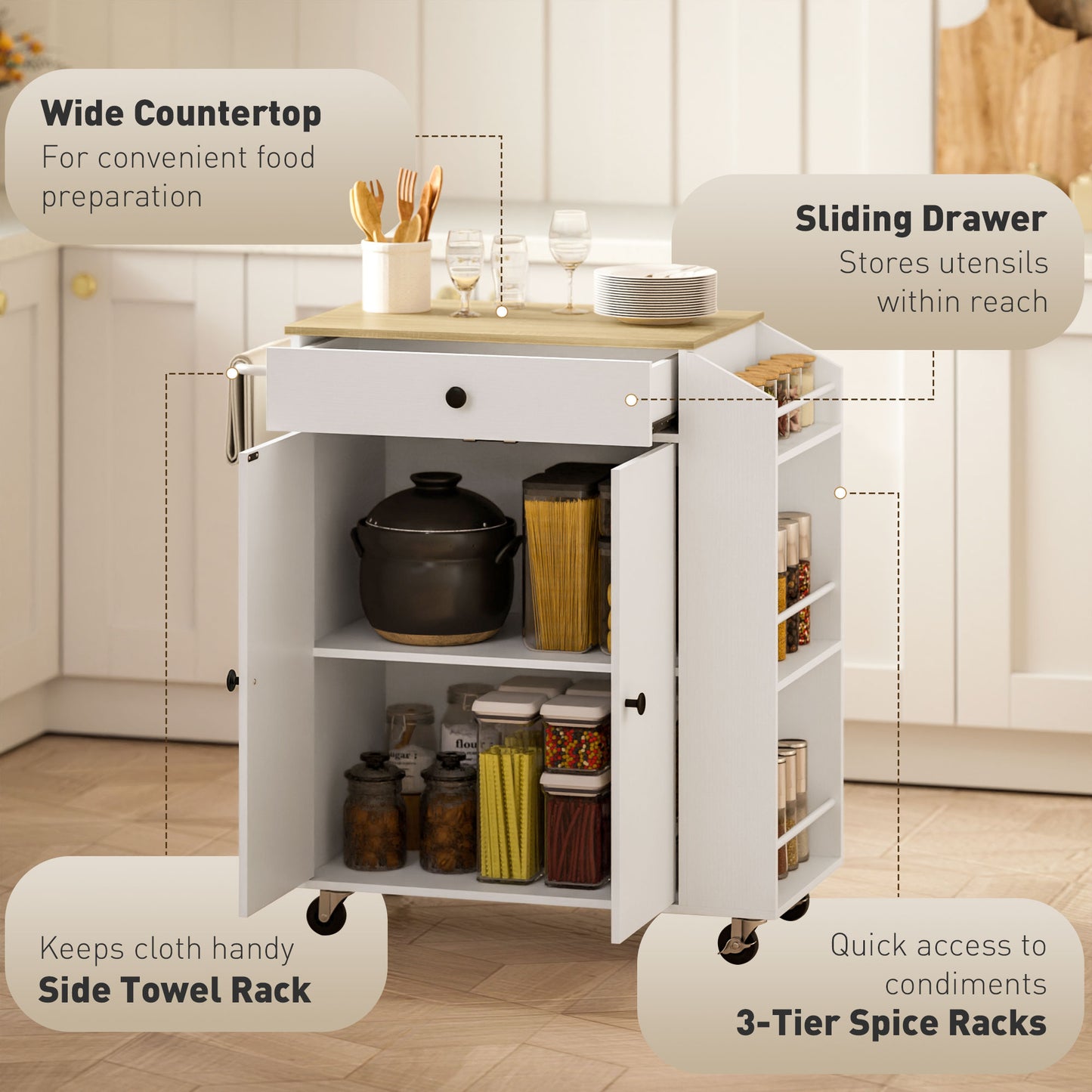 Semi Wooden White Rolling Kitchen Island With Drawer 3 Tier Spice Rack And Towel Rail