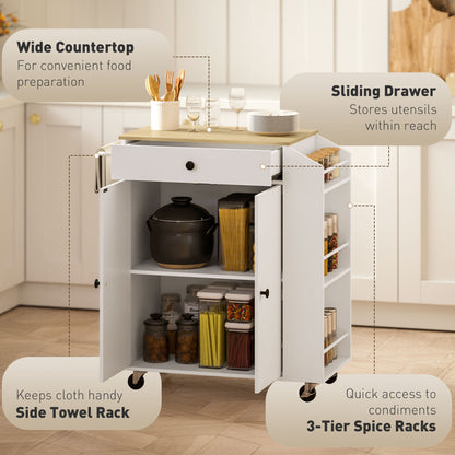 Semi Wooden White Rolling Kitchen Island With Drawer 3 Tier Spice Rack And Towel Rail