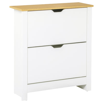 Eldino Wooden White and Natural Slim Shoe Cabinet With 2 Flip Drawers For 12 Pairs