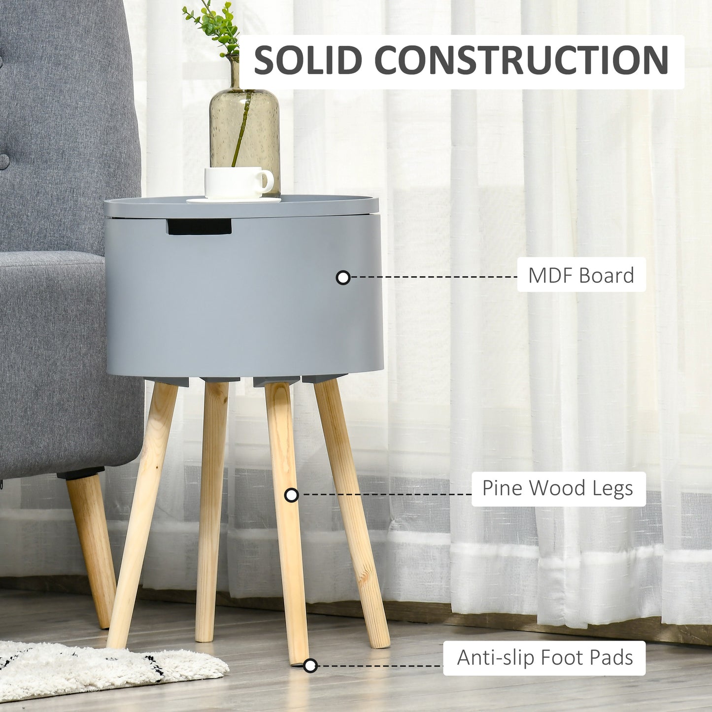 Temicco Wood Natural and Grey Round Bedside Table With Hidden Storage And Removable Tray