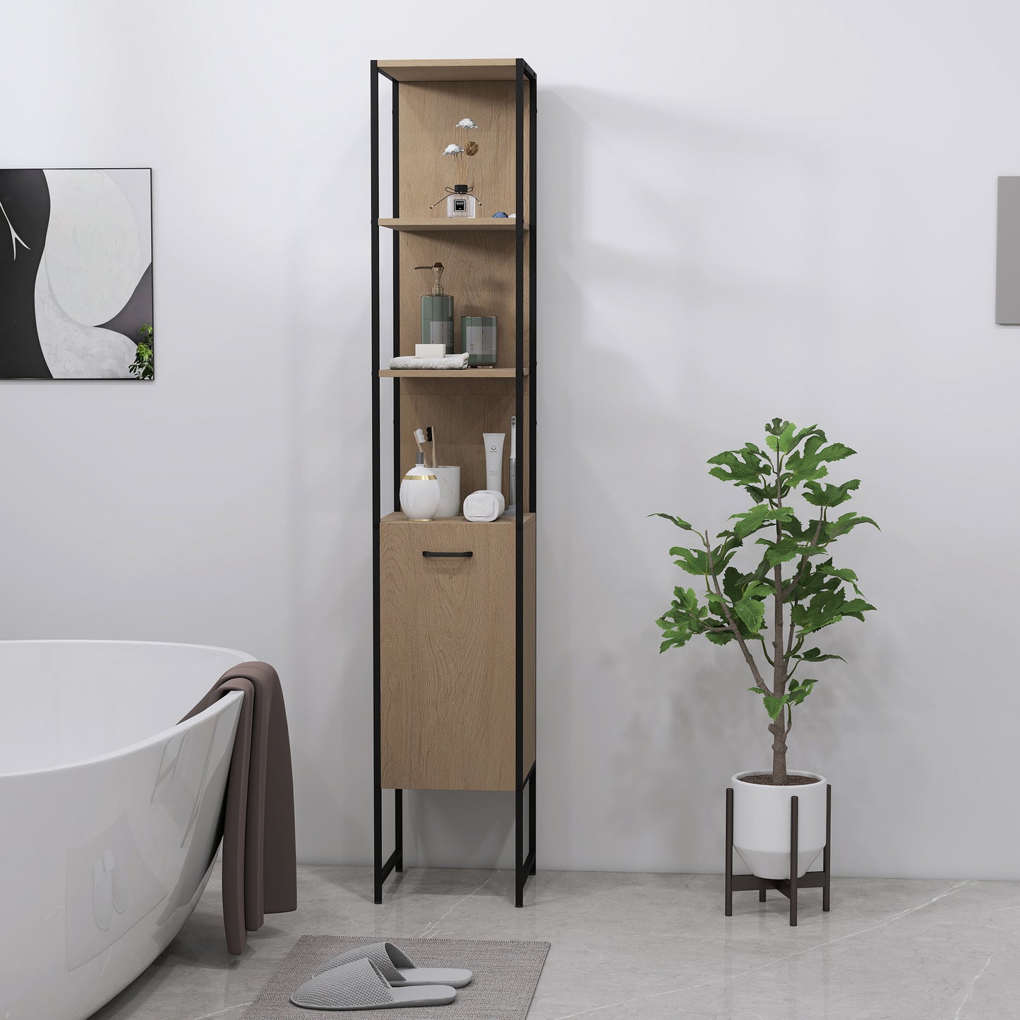 Supave Tall Bathroom Storage Cabinet With OFauxn Shelving And Adjustable Interior Natural Wood Finish