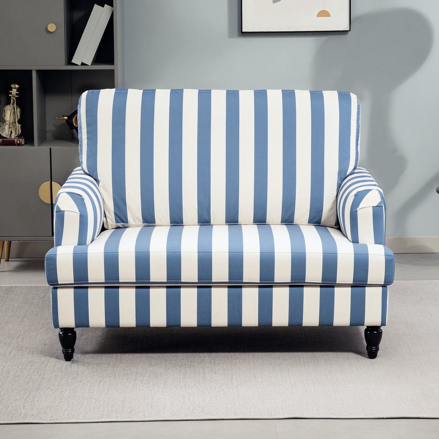 Yosefi Blue And White Velvet Cuddle Accent Sofa Stripe Design