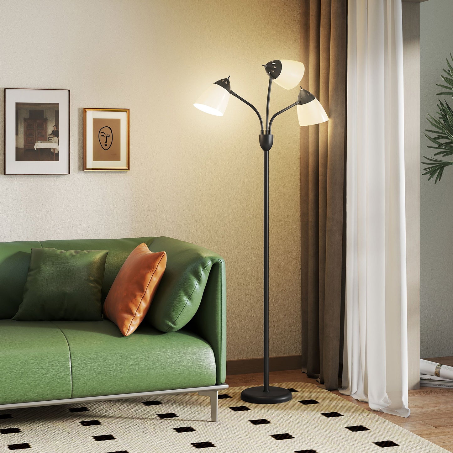 Noniyo Metal Black Arc Tree Floor Lamp With 3 Rotating Heads And Adjustable Colour Temperature