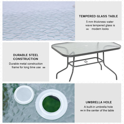 Lemone 120cm Metal Grey Rectangular Garden Dining Table With Glass Top And Parasol Hole