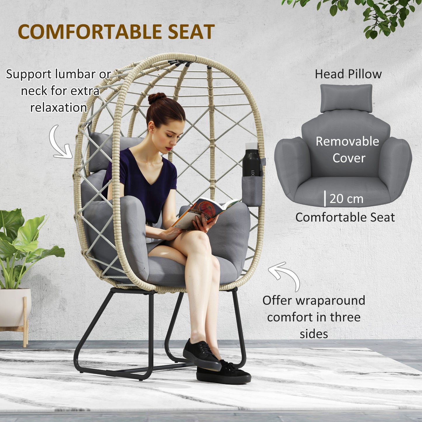 Sepano Rattan Grey Outdoor Garden Egg Chair With Cushions Headrest And Cup Holder