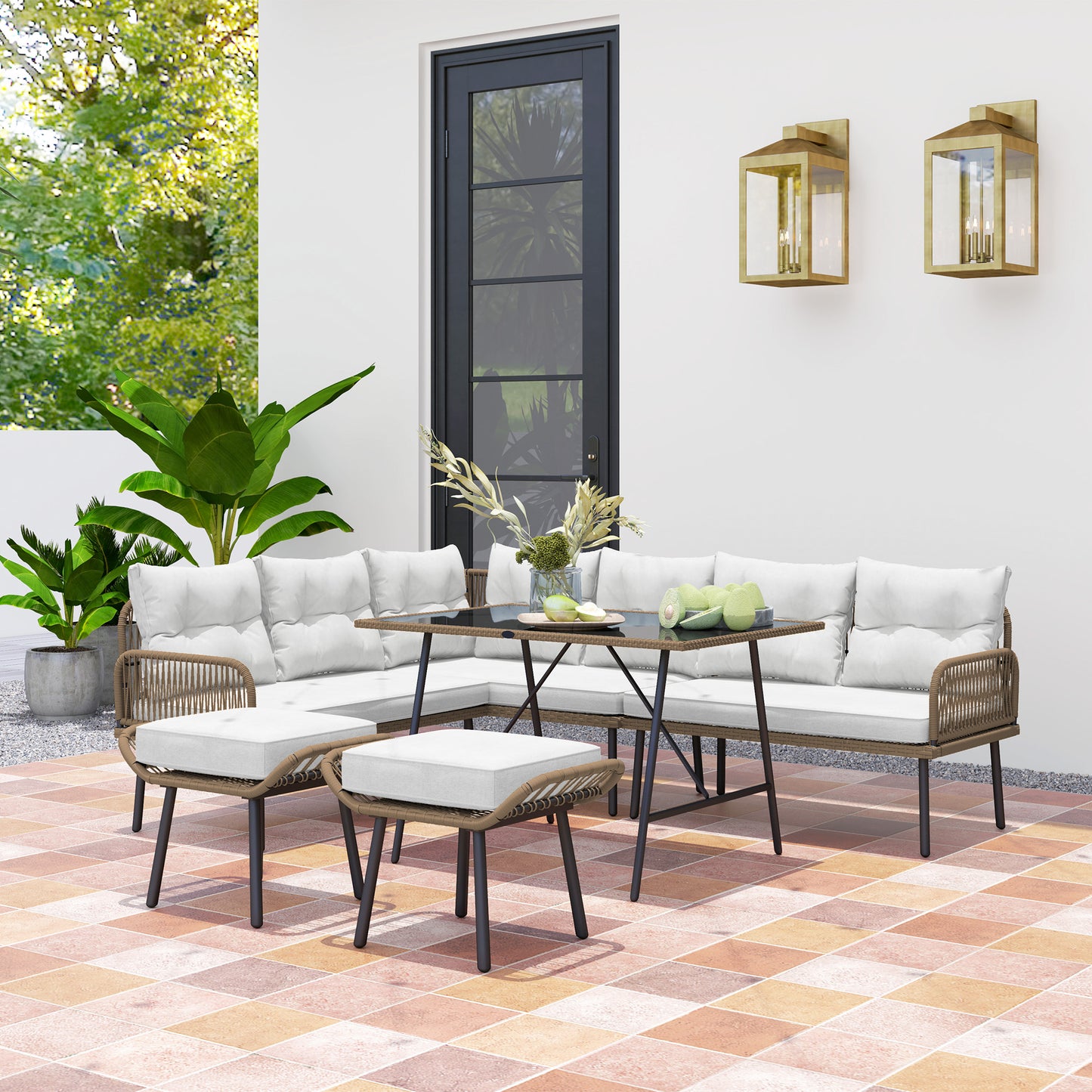 Sacoel Natural Rattan White 8 Seater Outdoor Corner Sofa Set With Glass Top Table