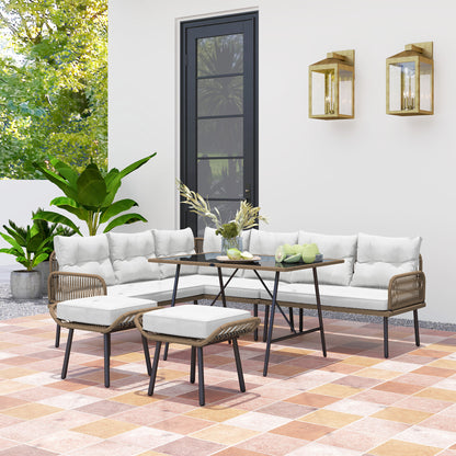Sacoel Natural Rattan White 8 Seater Outdoor Corner Sofa Set With Glass Top Table