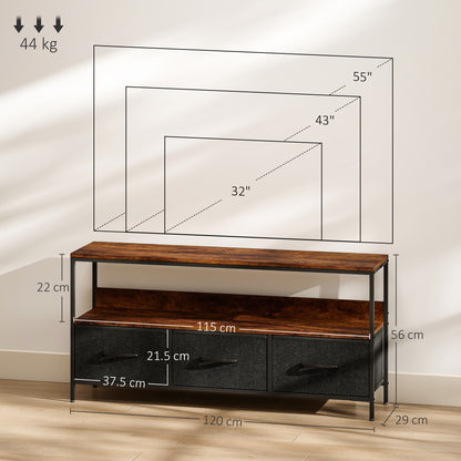 Avasoro 120cm Rustic Brown TV Storage Unit With 3 Fold Down Fabric Drawers