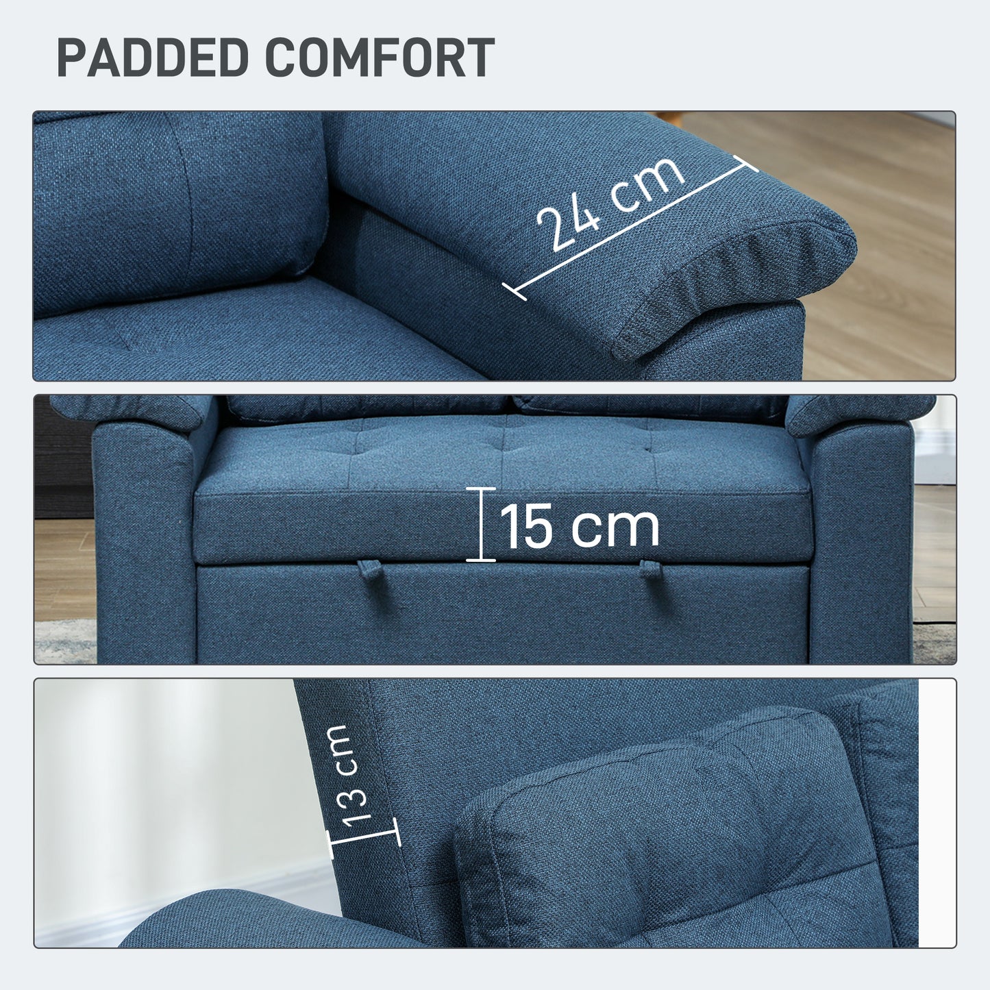 Nomo Cori Fabric Blue 2 Seater Click Clack Sofa Bed With Side Pockets And Cushions