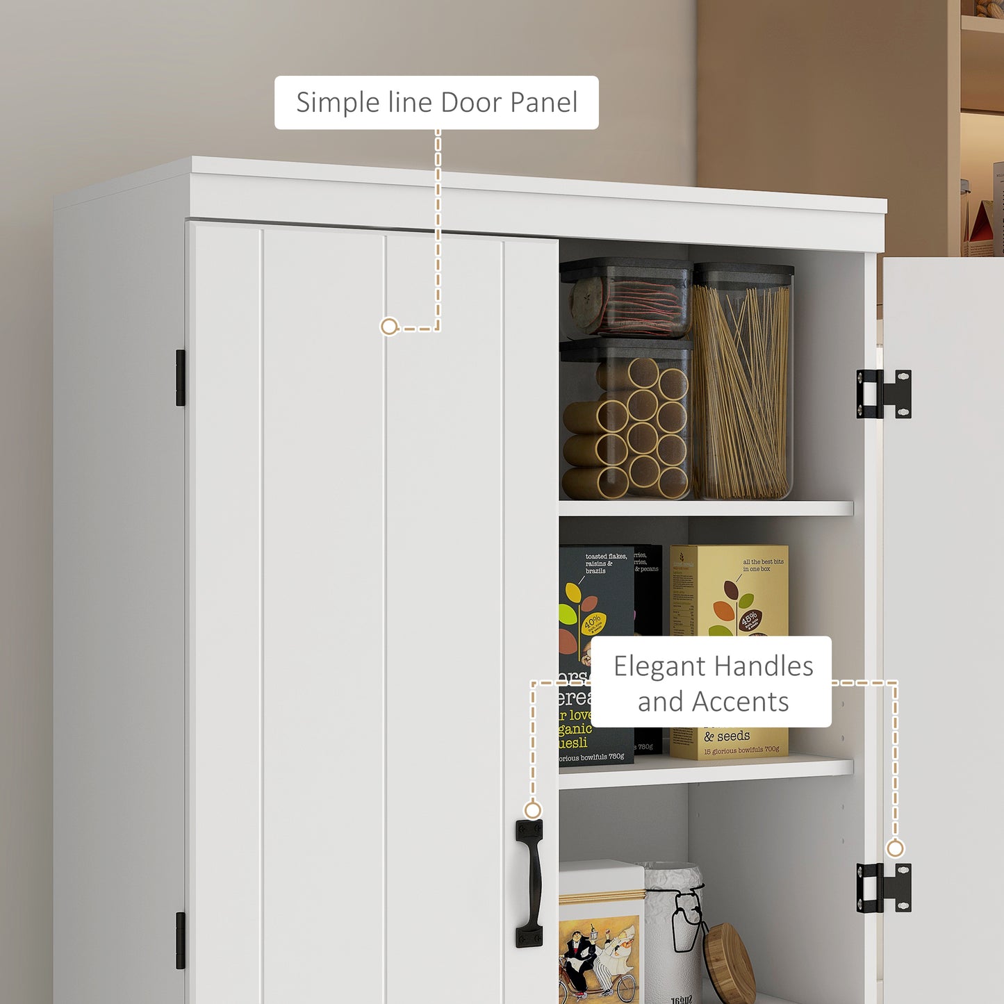 Nahado Wooden White 4 Door Tall Kitchen Cupboard With 6 Tier Storage And Adjustable Shelves