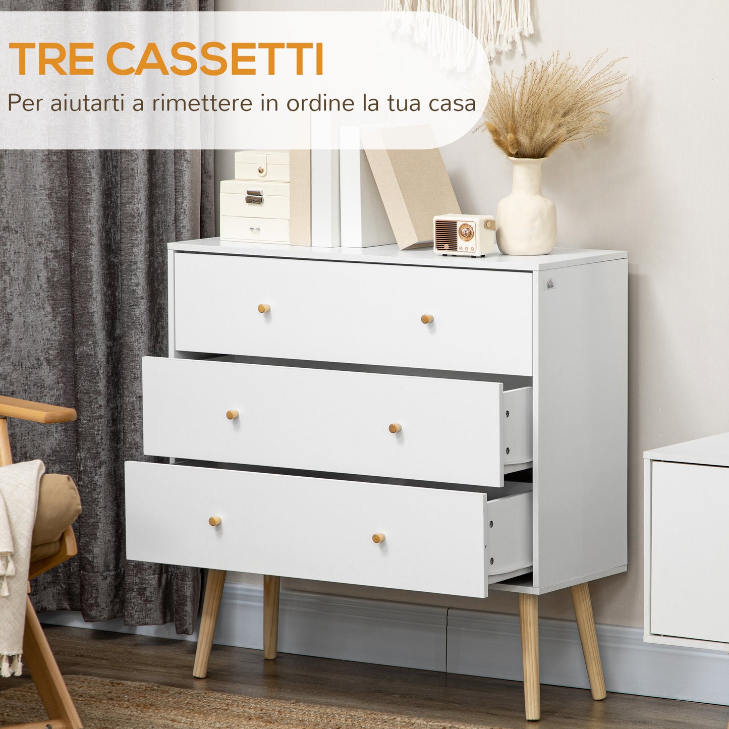 Lerosa Scandi Wooden White 3 Drawer Chest With Natural Wooden Angled Legs