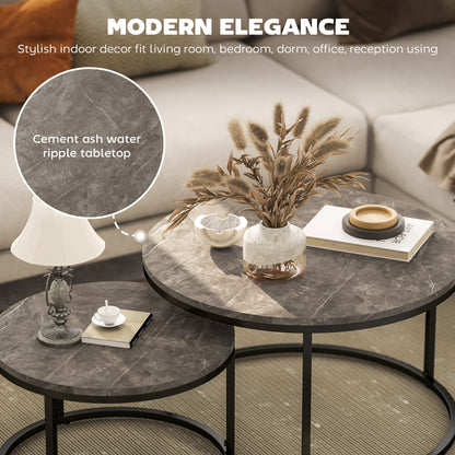 Reniso Set Of 2 Metal And Wood Marble Effect Industrial Round Nesting Coffee Tables