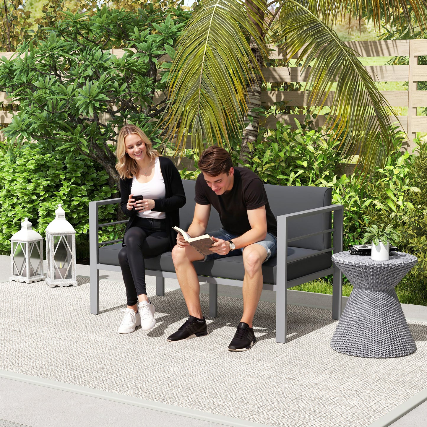 Nifano Aluminium Grey 2 Seater Outdoor Garden Sofa with Cushions