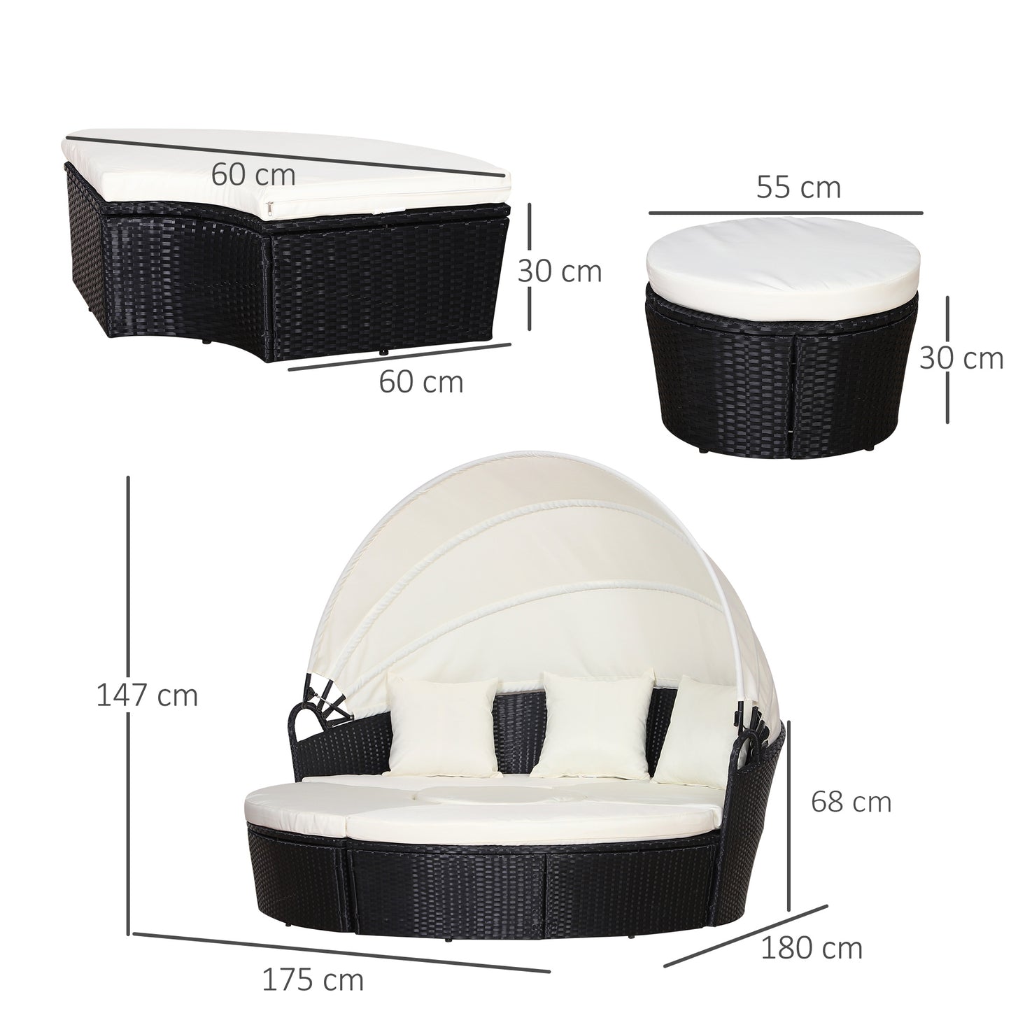 Taso Veli Rattan Black And White 5 Piece Outdoor Daybed Set With Canopy