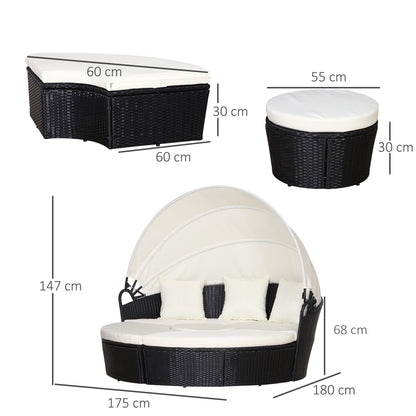 Taso Veli Rattan Black And White 5 Piece Outdoor Daybed Set With Canopy