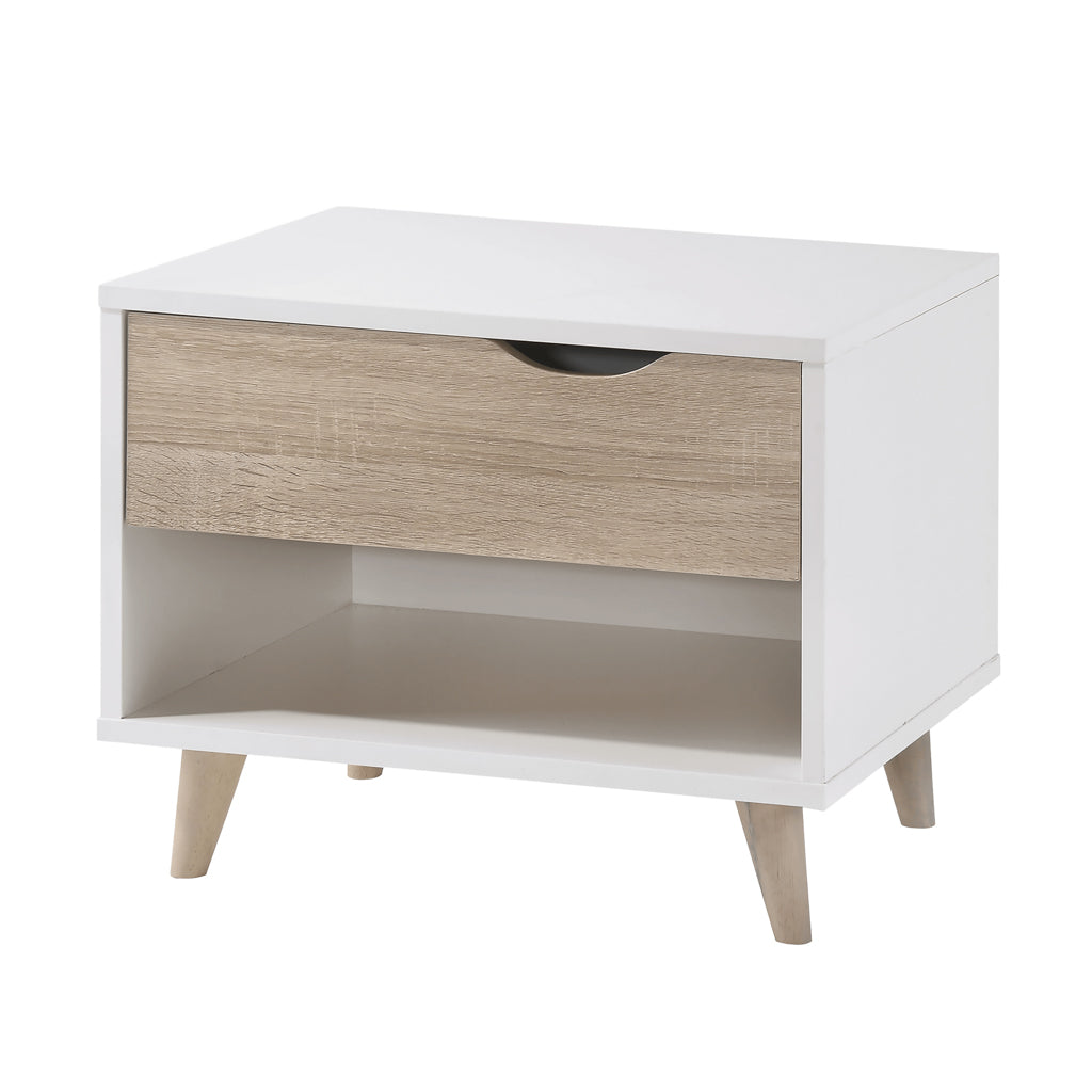 Skerries 1 Drawer Bedside White and Natural Oak Wood Bottom Shelf