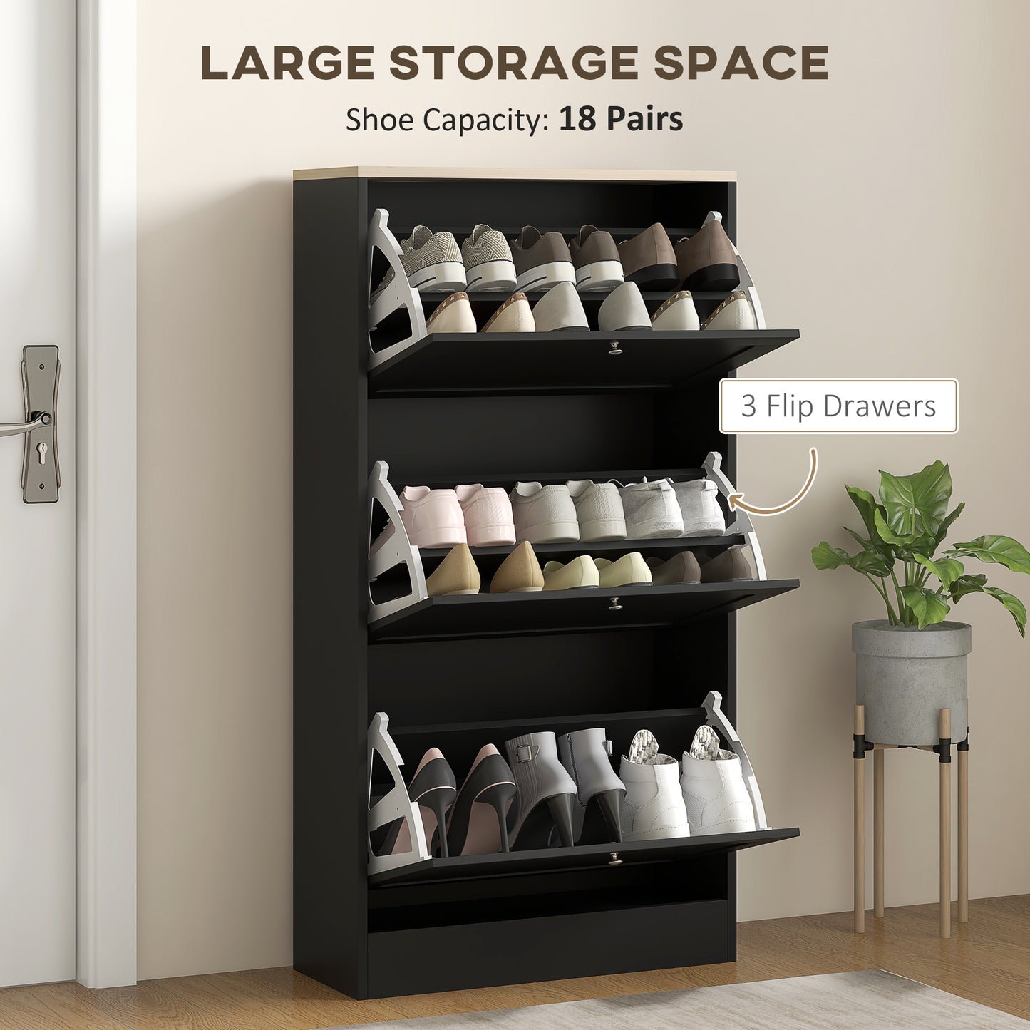 Rani Wooden Black Compact 3 Drawer Shoe Cabinet