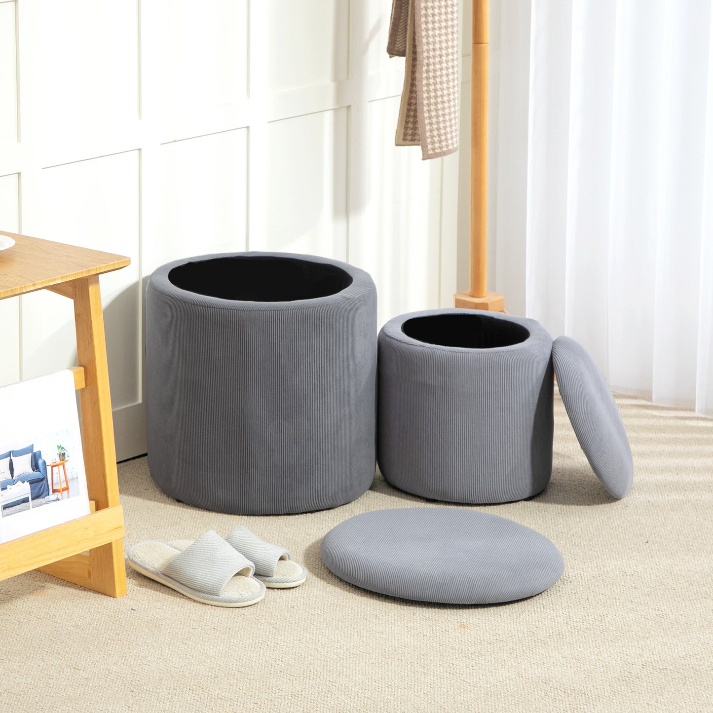 Seleco Set Of 2 Corduroy Grey Round Storage Ottomans